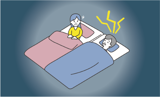 (いびきを書いて寝る人、朝の不眠感に悩む人のイラスト等)